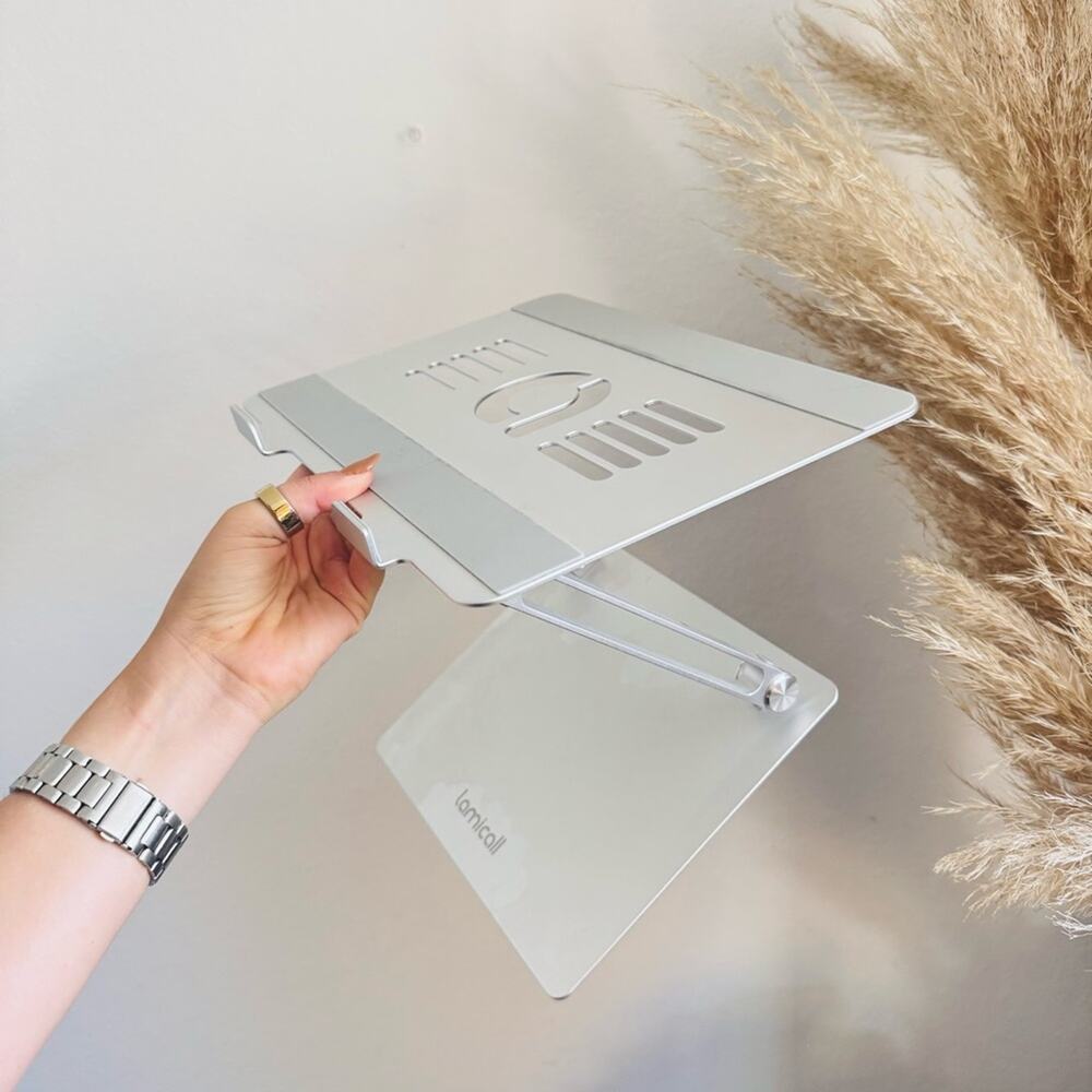 LAMICALL Bright White Silver Adjustable Portable Laptop Stand Travel Desk Riser